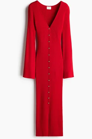 H&M Rib-knit button-front dress - Rot - Damen