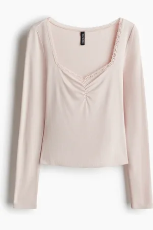 H&M Geripptes Shirt mit Spitze - Rosa - Damen