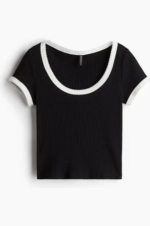 H&M Geripptes T-Shirt mit Picot-Besatz - - Damen
