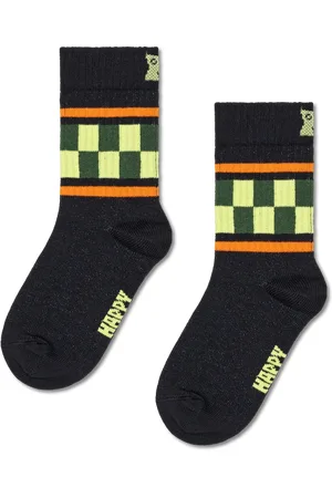 Happy Socks Kids Schwarz Checked Stripe Crew Socke