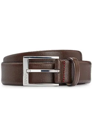 HUGO BOSS Gürtel aus genarbtem Leder mit metallenem Logo in polierter Silber-Optik