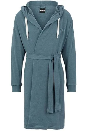 HUGO BOSS Blauer Morgenmantel mit Kapuze und Logo-Print an den Ärmeln