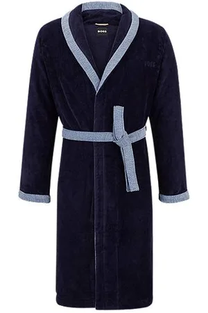 HUGO BOSS Morgenmantel aus marineblauem Baumwoll-Samt mit Logo-Stickerei