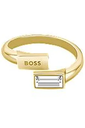 HUGO BOSS Goldfarbener Ring mit Baguette-Kristall und Logo
