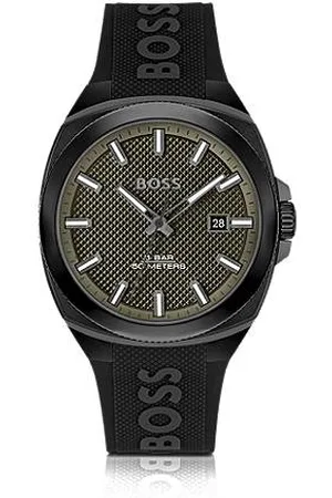 HUGO BOSS Uhr mit Logo-Silikonarmband und olivgrünem Guilloche-Zifferblatt