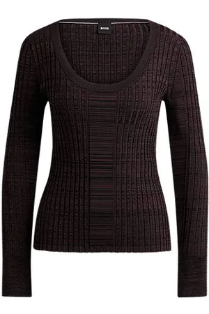 HUGO BOSS Gerippter Pullover aus elastischem Gewebe mit U-Ausschnitt