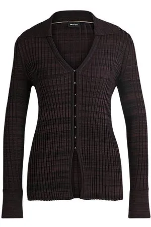 HUGO BOSS Cardigan aus geripptem Stretch-Gewebe mit V-Ausschnitt und Kragen