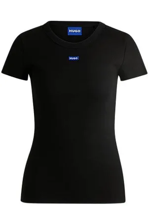 HUGO BOSS Slim-Fit T-Shirt aus Stretch-Baumwolle mit blauem Logo-Aufnäher