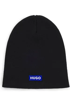 HUGO BOSS Strickmütze aus Baumwolle mit blauem Logo-Label