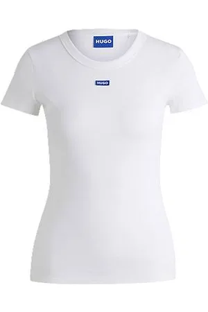 HUGO BOSS Slim-Fit T-Shirt aus Stretch-Baumwolle mit blauem Logo-Aufnäher
