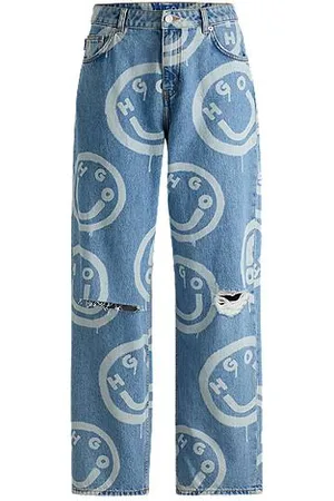 HUGO BOSS Baggy-Fit Jeans in Used-Optik mit Happy Design