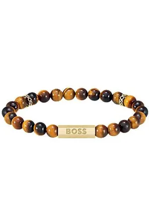 HUGO BOSS Armband mit Tigeraugen-Perlen und Logo-Elementen