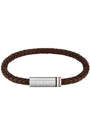 HUGO BOSS Geflochtenes braunes Lederarmband mit Logo auf dem Magnetverschluss