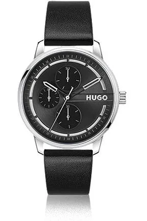 HUGO BOSS Uhr aus Edelstahl mit schwarzem Zifferblatt und Lederarmband