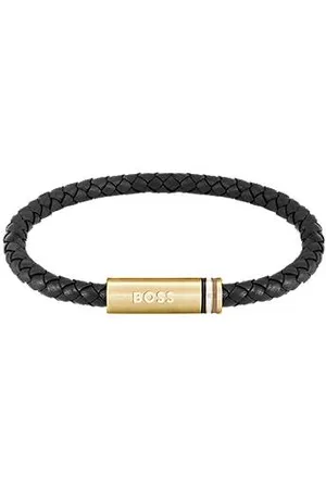 HUGO BOSS Geflochtenes schwarzes Lederarmband mit Logo auf dem Magnetverschluss