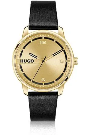 HUGO BOSS Goldfarbene Uhr mit schwarzem Lederarmband