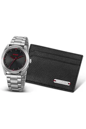 HUGO BOSS Geschenk-Set mit Kartenetui aus Leder und Uhr mit schwarzem Zifferblatt
