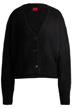 HUGO BOSS Oversized Strickjacke mit V-Ausschnitt und verkürzter Länge