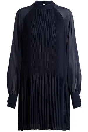 HUGO BOSS Hochgeschlossenes Kleid mit Plissee-Falten und transparenten Ärmeln