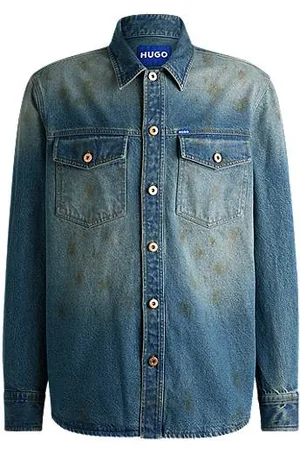 HUGO BOSS Loose-Fit Hemd aus blauem Denim mit Used-Effekten