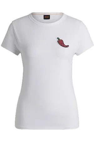 HUGO BOSS Tailliertes T-Shirt aus Baumwolle mit kristallbesetzter Chili-Schote