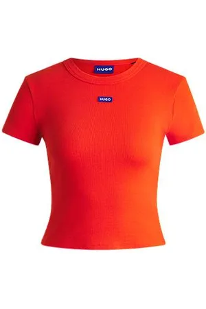 HUGO BOSS Slim-Fit T-Shirt aus Stretch-Baumwolle mit blauem Logo-Label