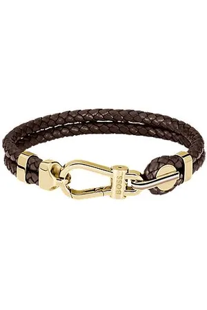 HUGO BOSS Braunes Armband aus geflochtenem Leder mit goldfarbenem Karabinerverschluss