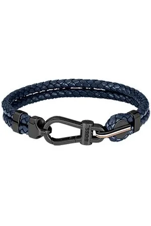 HUGO BOSS Blaues Armband aus geflochtenem Leder mit schwarzem Karabinerverschluss