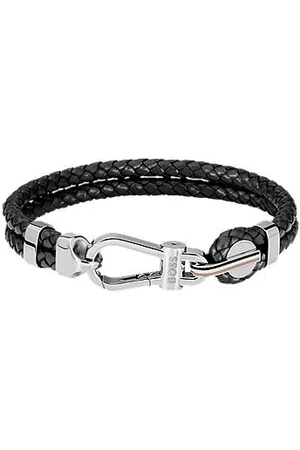 HUGO BOSS Schwarzes Armband aus geflochtenem Leder mit silberfarbenem Karabinerverschluss