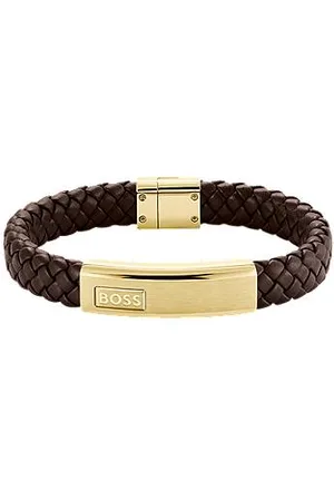 HUGO BOSS Braunes Armband aus geflochtenem Leder mit goldfarbener Logo-Plakette