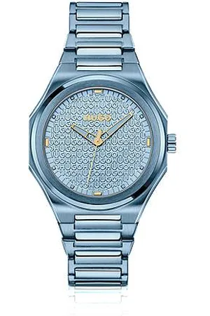 HUGO BOSS Uhr aus blauem Edelstahl mit Logo-Struktur auf dem Zifferblatt