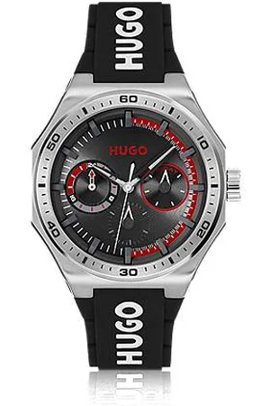 HUGO BOSS Silberfarbene Uhr mit Logos auf dem Silikonarmband