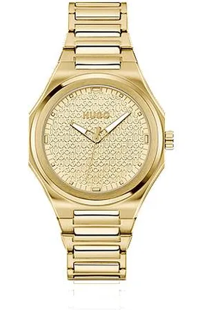 HUGO BOSS Goldfarbene Uhr mit Logo-Struktur auf dem Zifferblatt