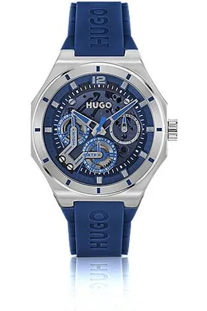 HUGO BOSS Uhr mit sichtbarem Uhrwerk und blauem Silikonarmband