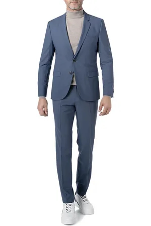 Premium Blauer zweireihiger Damen Anzug aus Stretch-Gewebe