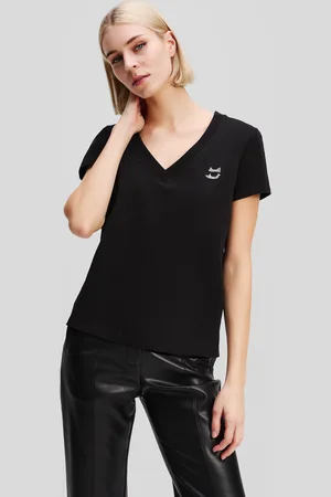Karl Lagerfeld Ikon choupette T-shirt Mit V-ausschnitt Und Strass, Frau, , Größe: XXS