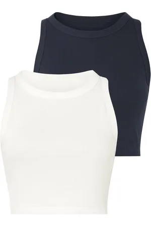 Esmara ® Damen Top cropped Rippe, 2 Stück (weiß/navy, L (44/46))