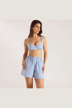 Lounge Underwear Kariertes Baumwoll-Bralette - Blau