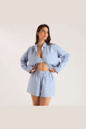 Lounge Underwear Kariertes Baumwoll-Hemd - Blau