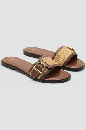 MANGO Sandale aus Raffiabast und Leder mit Schnalle - Damen - 39