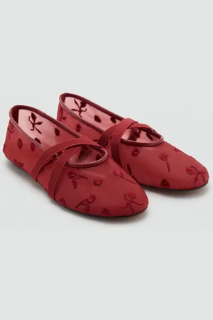 MANGO Ballerinas mit Kreuzriemen und Blumenstickerei - Damen - 40