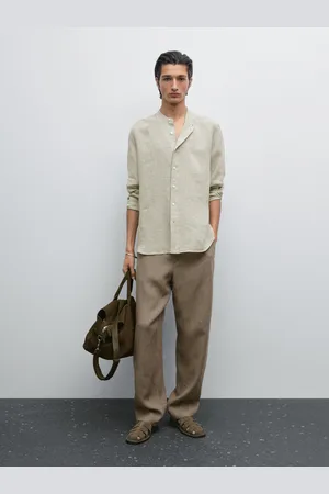 Massimo Dutti Gestreiftes Hemd Aus Reinem Leinen Mit Maokragen
