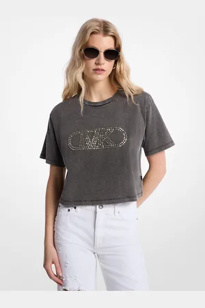 Michael Kors MK Verkürztes T-Shirt Aus Stückgefärbter Baumwolle Mit Nieten - - Michael Kors