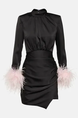 Self-Portrait Minikleid aus Satin mit Federn