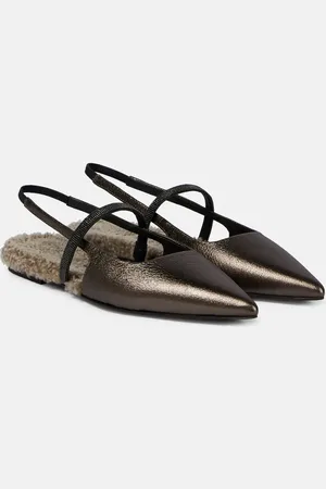 Brunello Cucinelli Verzierte Slingback-Ballerinas aus Metallic-Leder