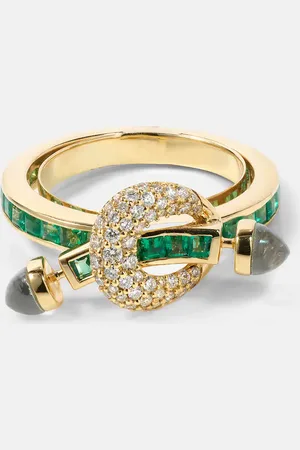 Ananya Ring Chakra aus 18kt Gelbgold mit Diamanten, Smaragden und Quarz