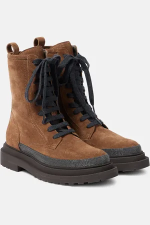 Brunello Cucinelli Verzierte Schnürstiefel aus Veloursleder