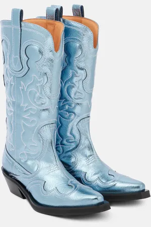 Ganni Bestickte Westernstiefel aus Metallic-Leder