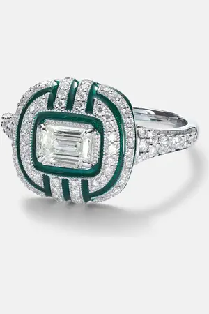 Kamyen Ring Art Deco aus 18kt Weißgold mit Emaille und Diamanten