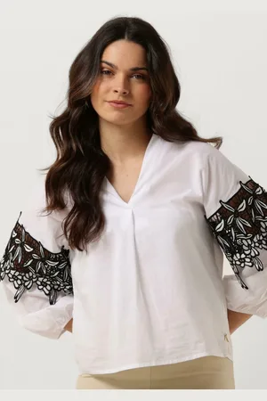 Jansen Amsterdam Damen Blusen Cv777 Cotton Voile Blouse With Black/white Lace Detail 3/4 Sleeve - - Größe XL